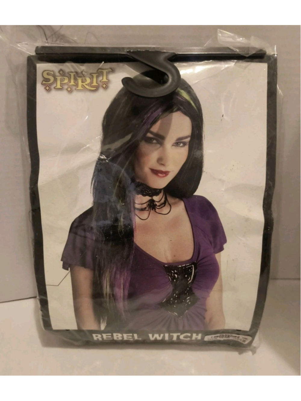 Spirit Halloween Rebel Witch Wig Hallween Costume Black Hair Purple Green Accent